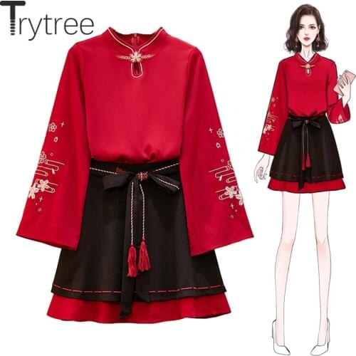 Trytree Autumn Women Two Piece Set Casual V-neck Flare Sleeve Embroidery Tops + Skirt Belt Mini Lady Chinese Style 2 Piece Set