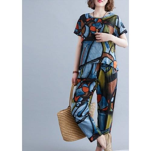Vintage Women Clothes Set Pattern Print Thin Soft Cotton Linen Loose Top High Waist Harem pants Womens Summer Casual Set Suits