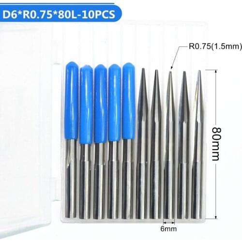 6mm*R0.75*80L-10PCS,Taper Ball nose End Mill,CNC milling Cutter,Solid carbide tool,woodworking router bit,spherical cone knife
