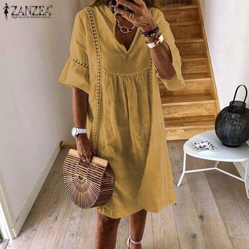 Summer Bohemian Lace Dress ZANZEA 2021 Womens Flare Sleeve Sundress Female V Neck Hollow Patchwork Robe Femme Tunic Vestidos