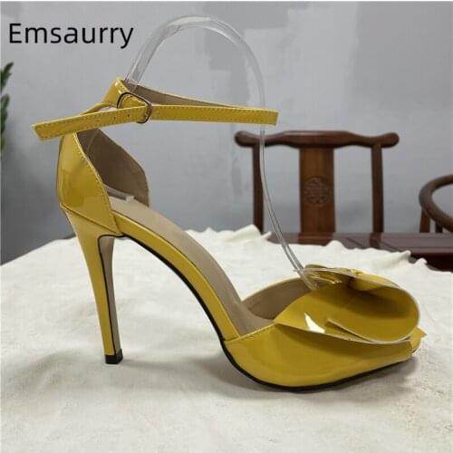 Pleated Butterfly-knot Summer Womens Sandals Sexy Open Toe Stiletto Heel Ankle Strap Patent Leather Sandalias Mujer