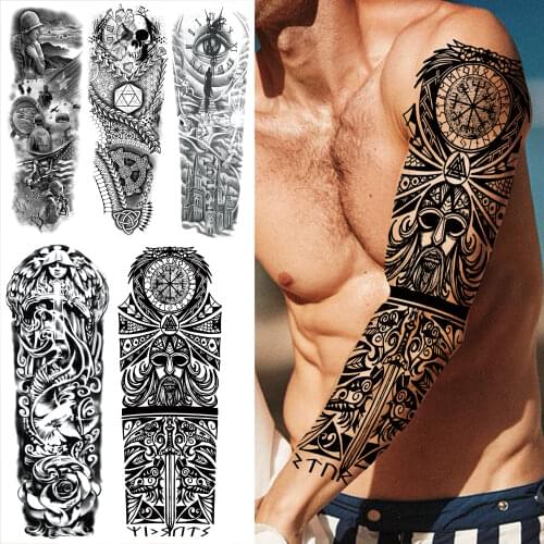 Maori Temporary Tattoos Sleeve For Men Women Adults Fake Nun Compass Eye Full Arm Tattoo Sticker Realistic Large Tatoos Washable