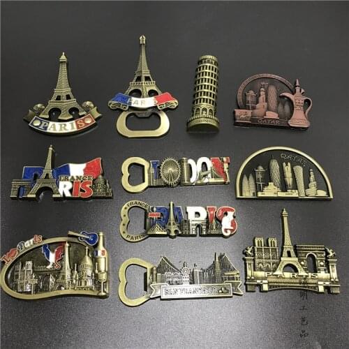 3D Metal Italy Paris Eiffel Tower London San Francisco Qatar Refrigerator Fridge Magnet Souvenirs Bottle Opener Home Decor