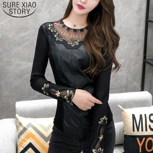 Autumn Sexy Lace Black Hollow Women Blouses and Tops Winter Warm Long Sleeve Mesh Patchwork Diamond Bottoming Shirts 7843 50