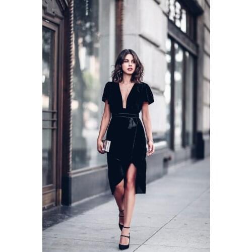 Autumn Gorgeous Women Sexy V-Neck Low Cut Dress Black Solid Color Ladies Suits 2020 Fashion Casual Pure Pencil Dress for Outing