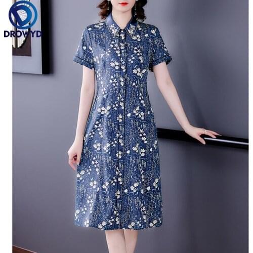 Fashion Mulberry Silk Dress Female Spring/summer 2021 New Hand-embroidered Retro Blue Print Satin Mother Dresses Party Vestidos