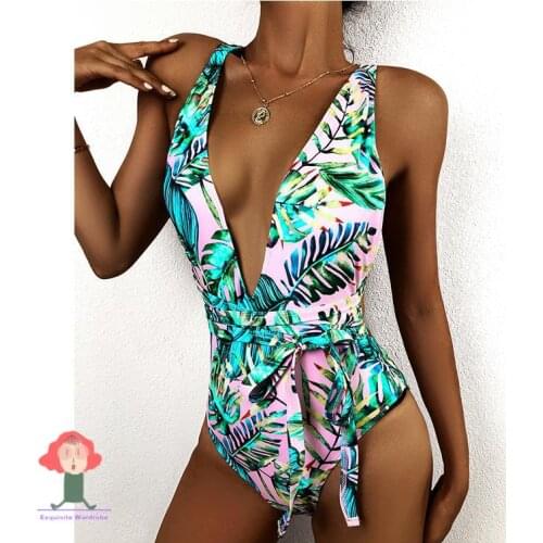 Sexy One Piece Swimwear Women 2021 Floral Swimsuit Deep V Backless Bikini Female Straps Push Up Bathing Suits Beach Wear Ladies