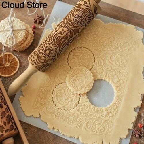 2021 Leaf Wooden Rolling Pin Embossing Baking Cookies Noodle Biscuit Fondant Cake Dough Patterned Roller Snowflake