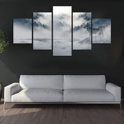 Modern Abstract Wolf Wall Art Prints Foggy Forest Canvas Painting Large Living Room Bedroom Decor Panorama Wolves Picture