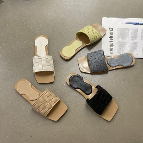 Square Toe Shoes Slippers Flat Low Slides Fashion Slipers Women Soft Luxury 2021 PU Hoof Heels Rome Fabric Basic Rubber