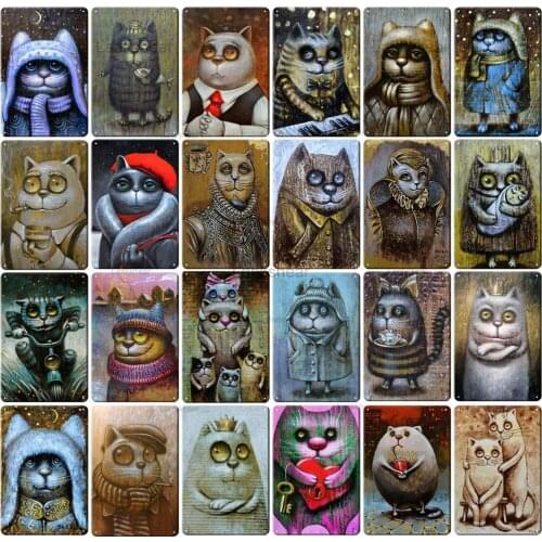 Vintage Cute Fat Cat Metal Signs Retro Cute Animal Plaques Tiki Bar Pub Decoration Home Art Wall Posters Kids Gift 20X30Cm