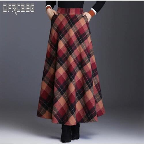 New Autumn Elegant Plaid Womens Elastic Waist Long Woolen Skirt With Lining 2019 Winter Pockets Female Skirt Casual Wool Skirt