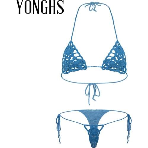 Womens Sexy Crochet Erotic Lingerie Set Floral Handmade Hollow Out Beach Two-Piece Micro Bikini Swimsuit Sunbathing Swimwear Set