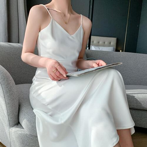 2021 New V-neck Long Silk Dress Female Summer Suspender Dress Real Silk Satin Ice Silk Sexy Dress with A Bottoming Shirt Party
