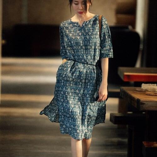 Womens Single-top woven Artistic Summer dizzy printing pure Ramie slimming split cropped sleeve dress 0912