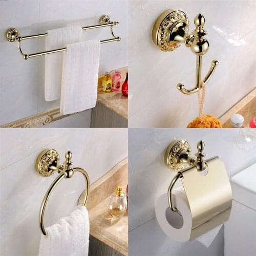 Leyden Gold 4pcs Bathroom Accessories Set Single Towel Bar Holder Toilet Paper Holder Towel Ring Robe Hook Wall Mounted