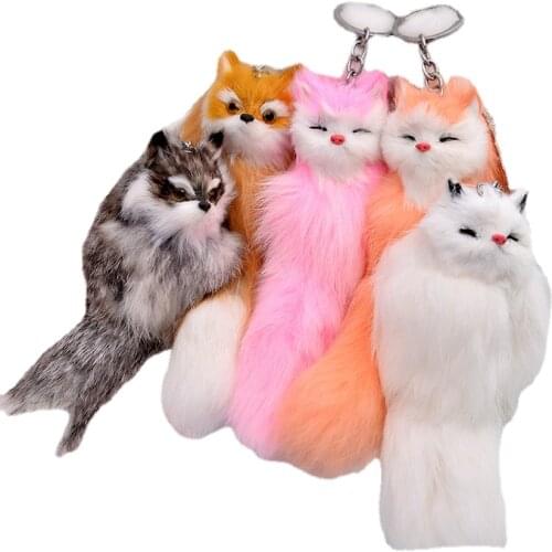 1PCS Fluffy Animal Cartoon Fox Keychain Cute Pendant Car Key Ring Chains Holder Bag Purse Ornament Women Jewelry Charm Keyring