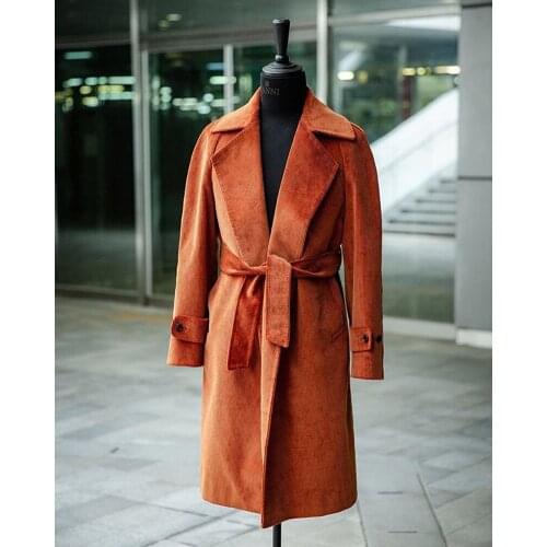 2021 Winter Corduroy Mens Long Coat Long Sleeve Belt V-Neck Fashion Home Casual Business Style Overcoat