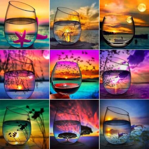 5D DIY Diamond Painting "Sunset Wine Glass Seaside Scenery" Full Square/Round Diamond Mosaic Embroidery Cross Stitch Decoration
