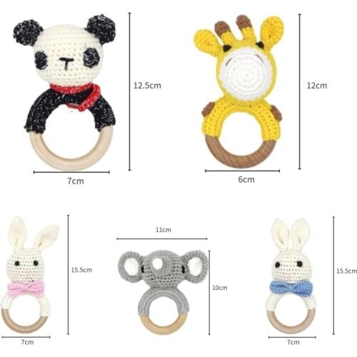 Baby Rattles Crochet Amigurumi Rabbit Elephant Wooden Ring with Bells Montessori Toy Educational Baby Teether Toys