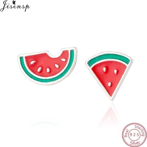 Jisensp 100% 925 Real Sterling Silver Jewelry Fashion Earrings Tiny Asymmetric Summer Watermelon Stud Earrings for Daughter Girl