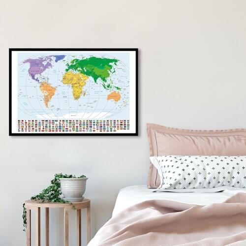 A1 Size Map of The World with National Flags Canvas Painting Decorative Wall Art Poster Classroom Home Decor School Supplies