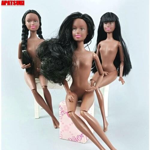 11.5" BJD Doll Chocolate 11 Jointed Movable Body Nude Naked Body & Head With Black Long Hair for 1/6 BJD Dollhouse Kids DIY Toys