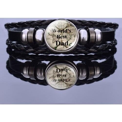 Worlds Best Dad Black Leather Bracelet Best Gift Father Fashion Punk Bracelet Glass Button Fathers Day Gifts for Dad