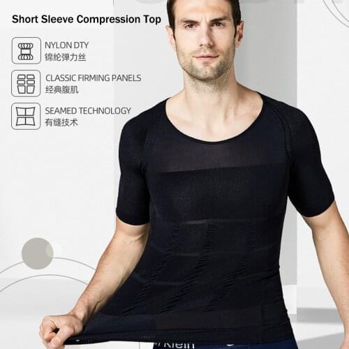 Mens Short Sleeve Compression Shirt Athletic Workout T-Shirts Sport Tank Top Slimming Abs Abdomen Body Shaper Belly Flat Tshirt