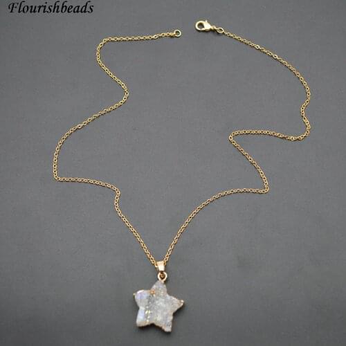 Natural White Druzy Agate Star Shape Pendant Linked Chains Necklace Fashion Woman Jewelry