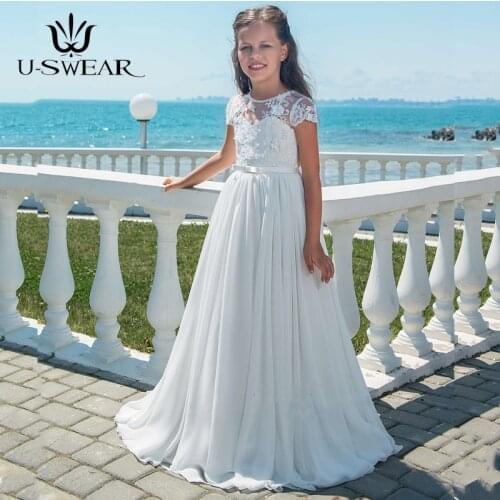 2020 New Flower Girl Dresses Lace Chiffon A-Line Kids Evening Pageant Ball Gown Short Sleeve First Communion Dresses for Girls