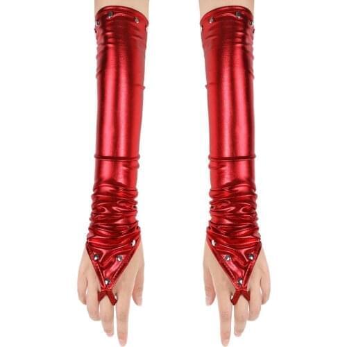 Women Sexy Latex Gloves Metallic Fingerless Long Gloves Wetlook Patent Leather Elbow Length Gloves for Dance Party Clubwear