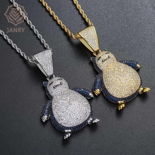 JANRY New Style Pokemon Pendant Necklace Zircon Hip Hop Gold Silver Color Necklace With 60cm Rope Chain For Men Women