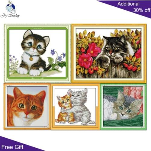 Joy Sunday Cat Home Decor D454D472D499D501(3)D516 Lovely Cat Kitten Love Each Other In Flowers Play Wool Circle Cross Stitch