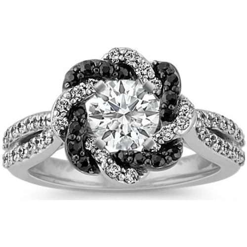 Luxury Silver Plated Rose Flower Ring Micro Pave Rhinestones White&Black Zircorn Rings For Women Wedding Party Jewelry Gifts