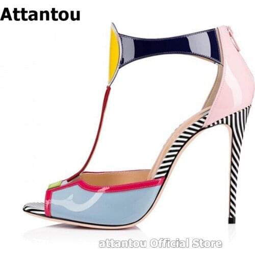 Fashion Mixed Color Patent Leather T Strap Thin High Heels Sandals Women Peep Toe Summer Stripe Heeled Party Shoes Size 46