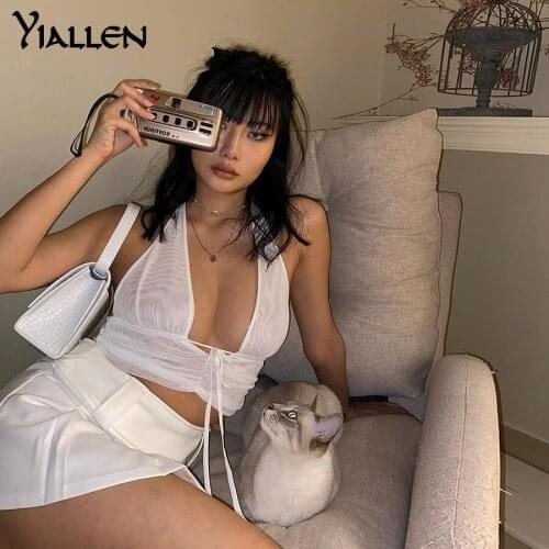 Yiallen Sexy Hot Mesh See-Through Skinny Halter Camisole Women Clubwear Fashion Pure White Lace Up Backless Slim Crop Top Mujer