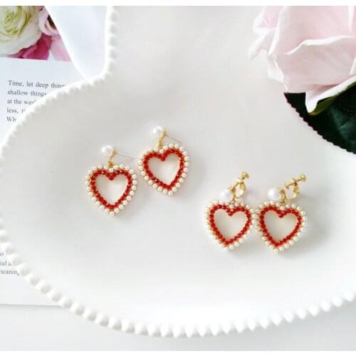 Korea Cute Hollow out Red Heart Clips Earring Non Piercing Fake Pearl Heart Shape Clips on Earrings No Pierced Hole for Women
