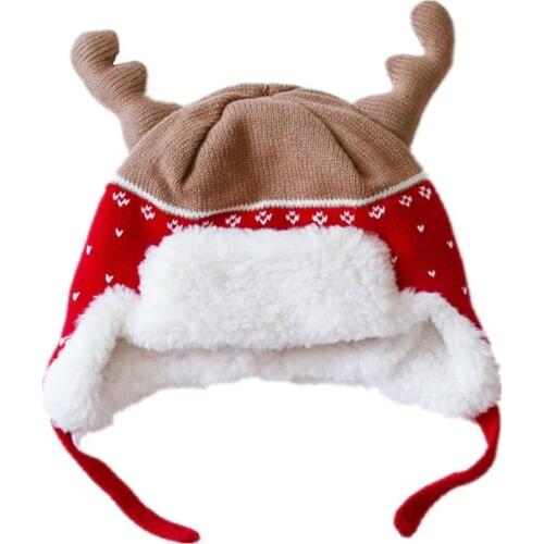Connectyle Cute Fashion Boys Girls Kids Christmas Hats Cotton Brocade Knit Cap Elk Horn Winter Warm Hat Red