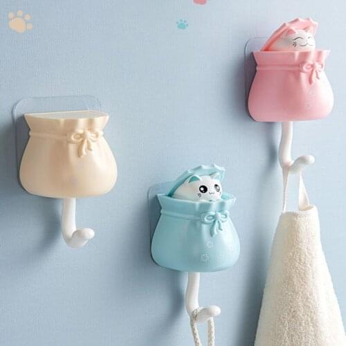 Cute Cat Strong Sticky Hooks for Hanging Keys Coats Bag Wall Organizer Hanger Handdoek Sjaals Hoeden Cups Badjassen