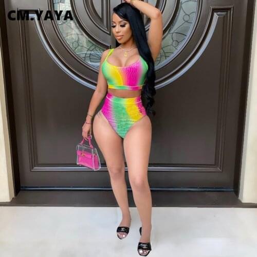 CM.YAYA Women Set Gradient Color Sleeveless Strap Crop Tops Mini Shorts Two 2 Piece Sets Sexy Swimsuit Beachwear Summer 2021