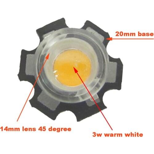 Lot 10 20 50 100pcs Power 1w 3w LED Bulb Light Warm White 3000k ~ 3500k Chip Diode + 20mm base + 30 45 60 90 Degree LED Lens