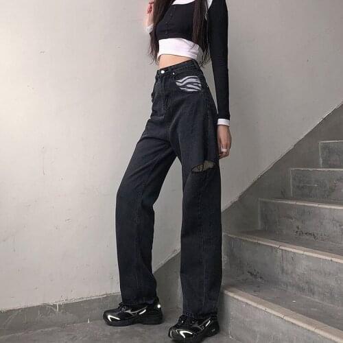 Calcas Feminina De Jeans Trend Leopard Print Pocket Stitching Color Contrast Ripped Casual High-waisted Straight Wide-leg Jeans