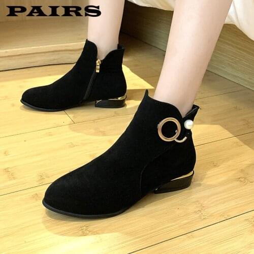 Women Ankle Boots Flock Zipper Solid Short Boots Low Square Heel Single Shoes Keep Warm Winter Booties Botas Mujer Invierno 2019
