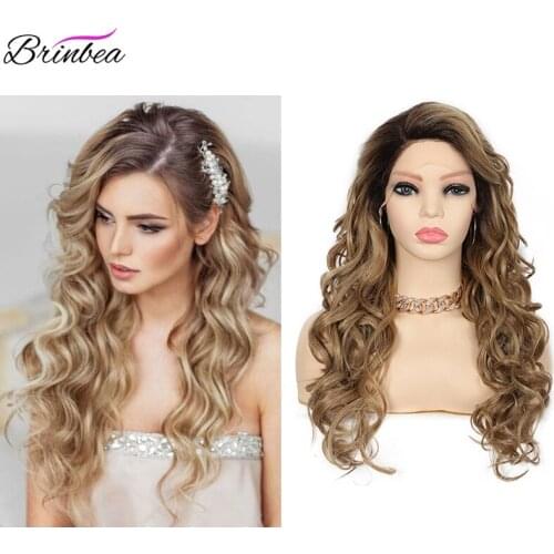Brinbea 24 Inches Synthetic Ombre Blonde Long Big Wavy Curly Glueless Wig For White Women Japan Made Side Parted Lace Front Wigs