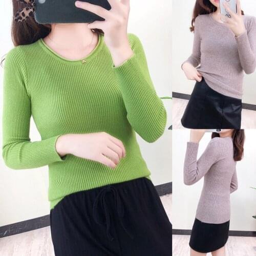 Korean Style Women Long Sleeve Sweater Round Neck Simple Solid Color Pullover Tops Ribbed Knitted Slim Fit Autumn Jumper