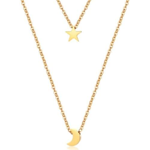 Star Moon Charm Layered Choker for Women Gold Color Stainless Steel Doule Layer Necklace Elegant Party Jewelry