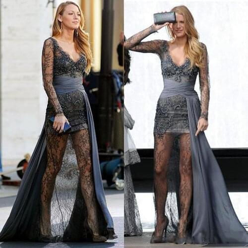 Gossip Girl Blake Lively fashion Zuhair Murad Grey Long Sleeves Prom Dresses Full Lace Beaded Evening Gowns Celebrity Dresses