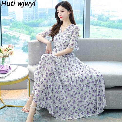 Floral Chiffon Casual Boho Beach Sundress 2021 Spring Summer Plus Size Vintage Print Midi Dress Women Bodycon Party Maxi Vestido