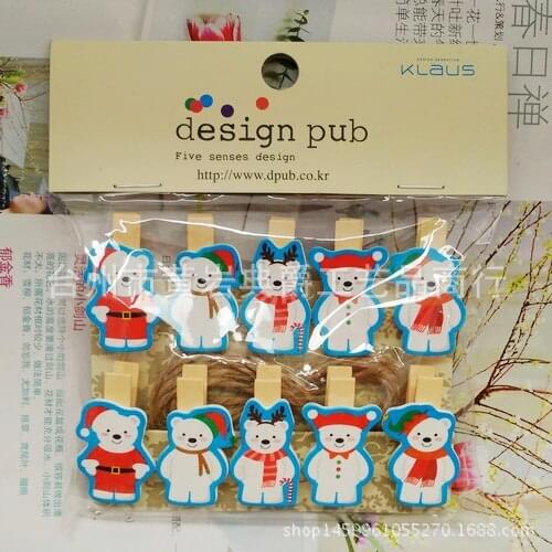 10 pcs/lot Cute Christmas Bear Wooden Clip Photo paper Clothespin Craft Clips Party Decoration Clip with Hemp Rope